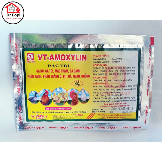 Trị bệnh gà rù, gà toi, mào thâm, sã cánh, phân xanh, phân trắng ở: vịt, gà, ngan, ngỗng-VT AMOXYLIN ( 50g)